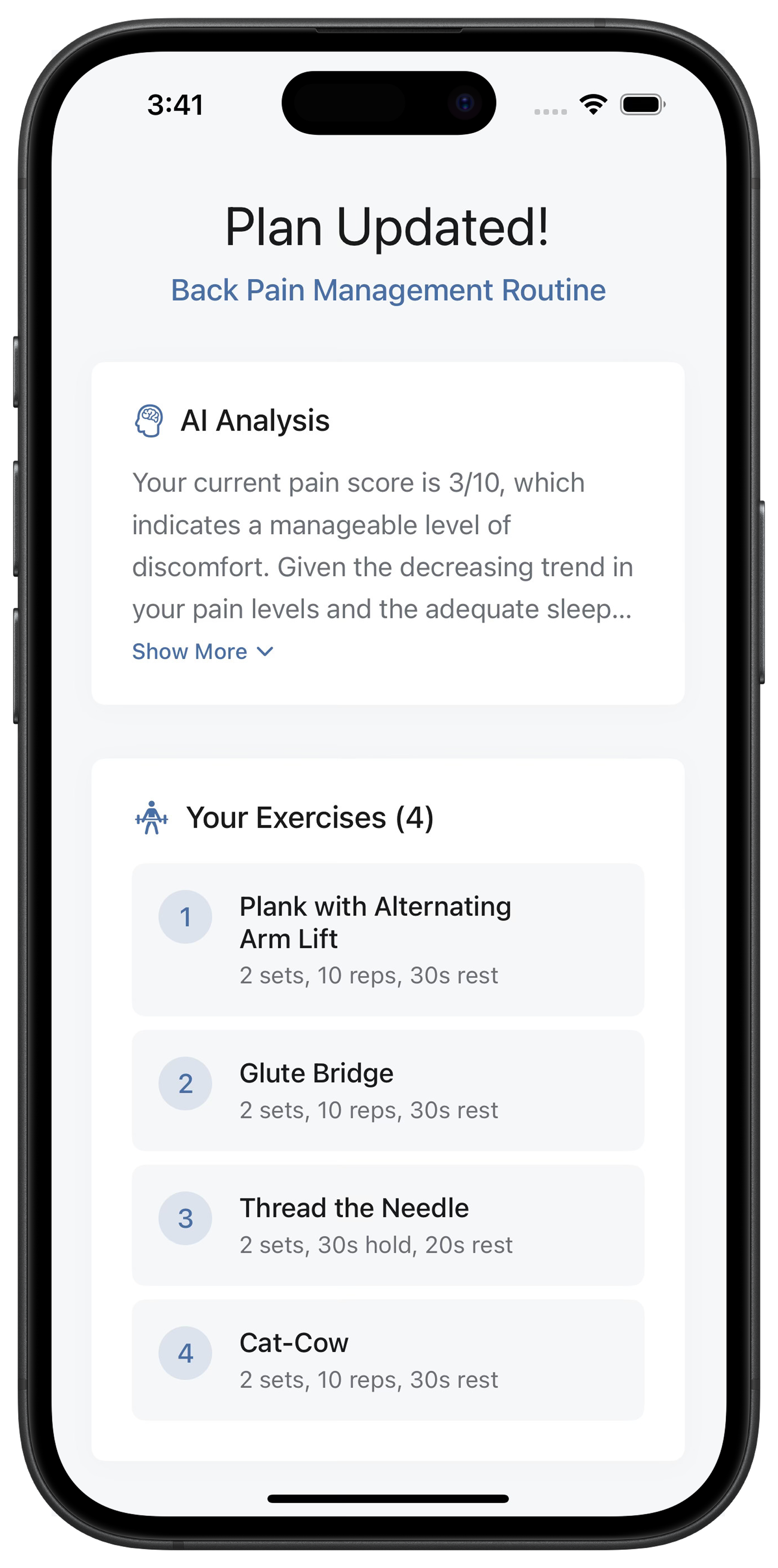 StabilityAI app showing a personalized back pain management routine with AI analysis and exercises